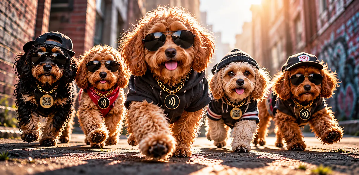 A pack of cavoodles in sunglasses, caps and gold chains strutting down a city alley, each wearing a QR or NFC tag